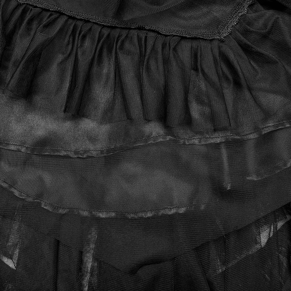 Close-up of layered black tulle fabric for the Gothic Tiered Ruffle Skirt, showcasing its lightweight and airy structure.