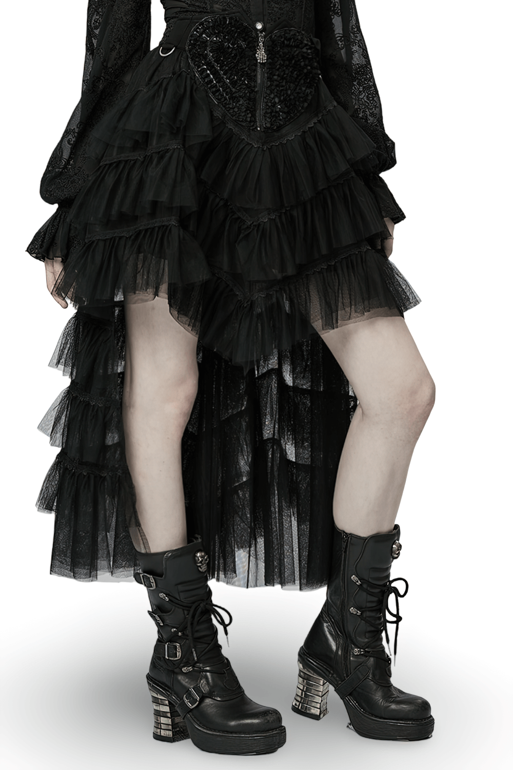 Gothic tiered tulle ruffle skirt with skeleton hand zipper and stylish black boots.