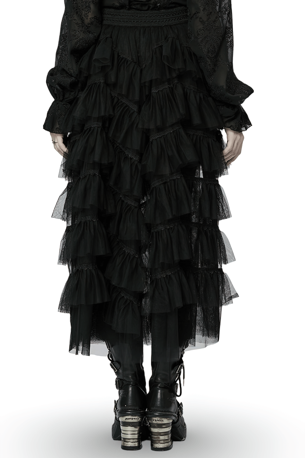 Gothic tiered tulle ruffle skirt in black, featuring layers of mesh and lace for an edgy look.