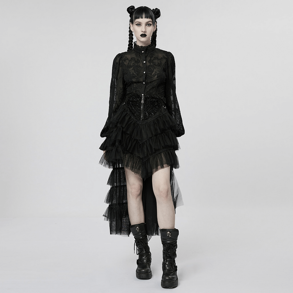 Gothic tiered tulle ruffle skirt with skeleton hand zipper, perfect for cool girl edgy fashion.