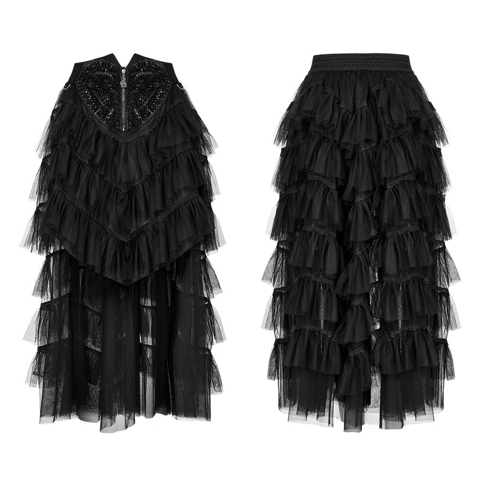Gothic tiered tulle ruffle skirt in black with skeleton hand zipper, perfect for edgy style and unique fashion statements.