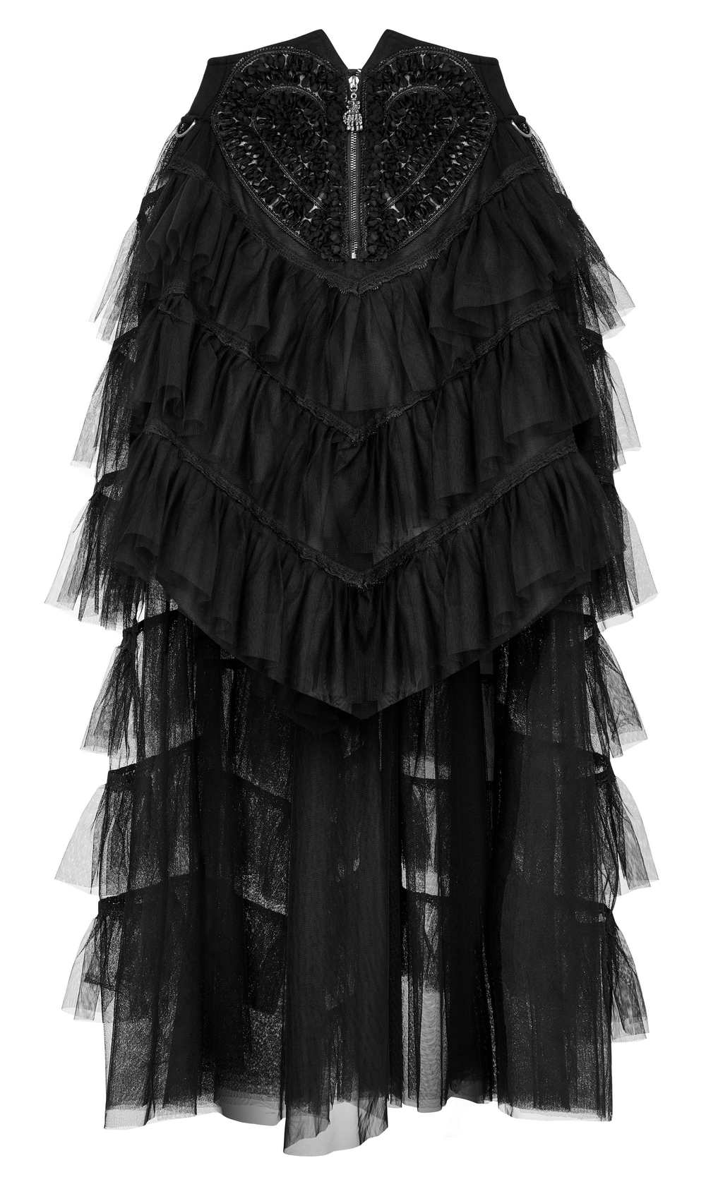 Gothic tiered tulle ruffle skirt featuring skeleton hand zipper and layers of fine mesh for edgy style.