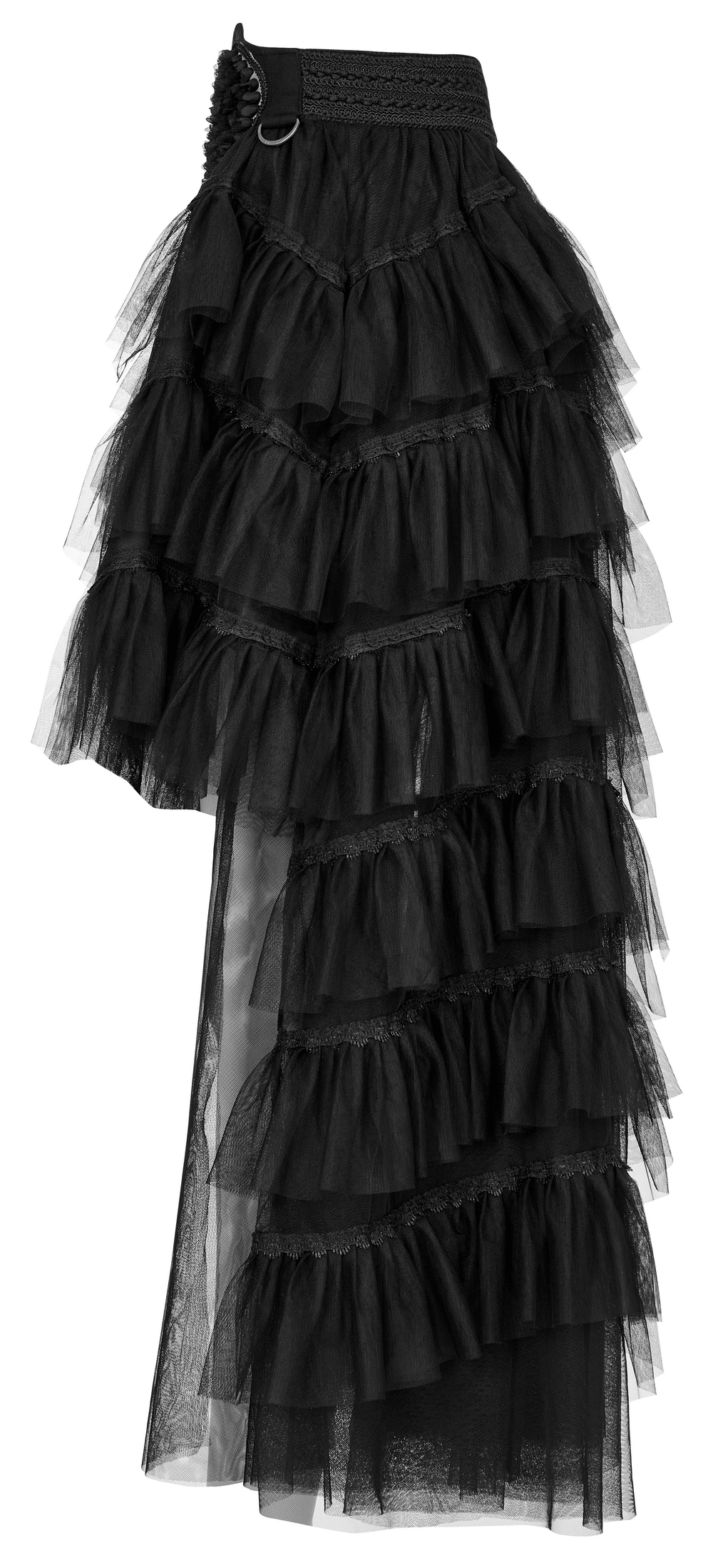 Black Gothic tiered tulle ruffle skirt featuring a dramatic layered design and unique silhouette for edgy fashion.