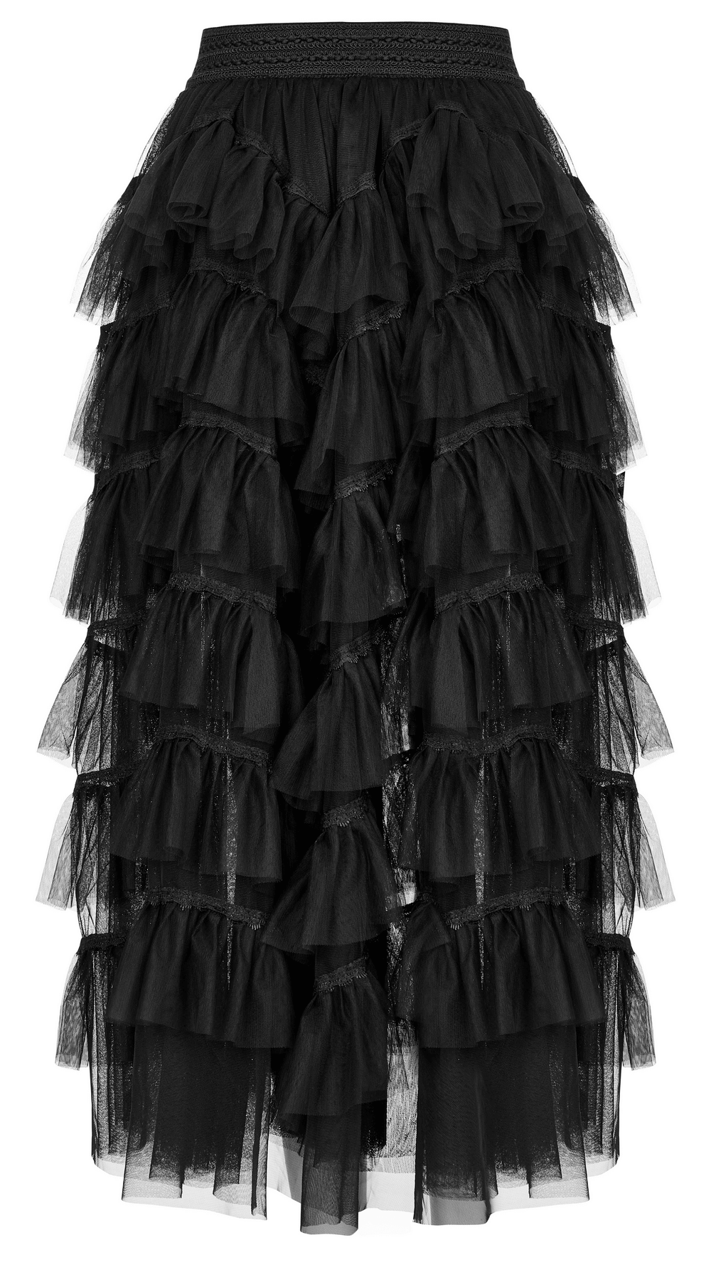 Gothic tiered tulle ruffle skirt in black with layered mesh and lace design, perfect for edgy fashion outfits.