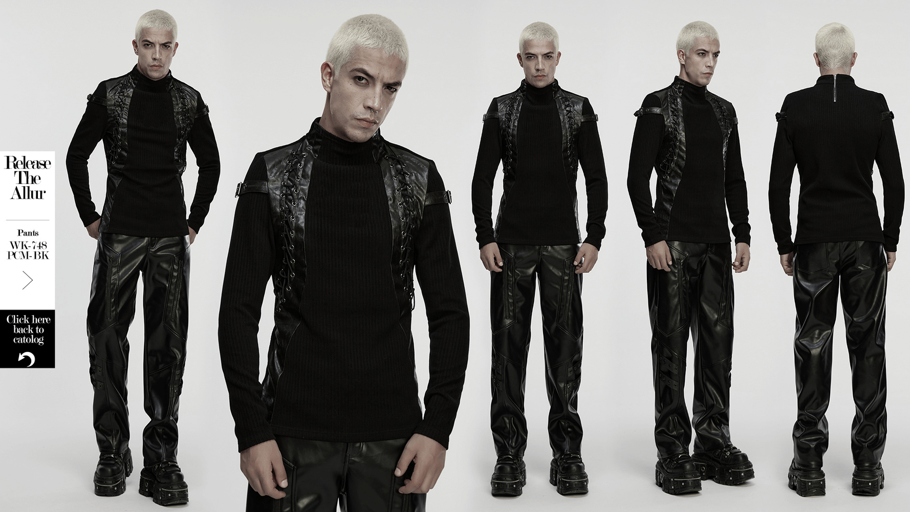 Gothic Top with Leather-Like Panels And Lacing Details displayed on model from multiple angles, showcasing edgy design and structured silhouette.