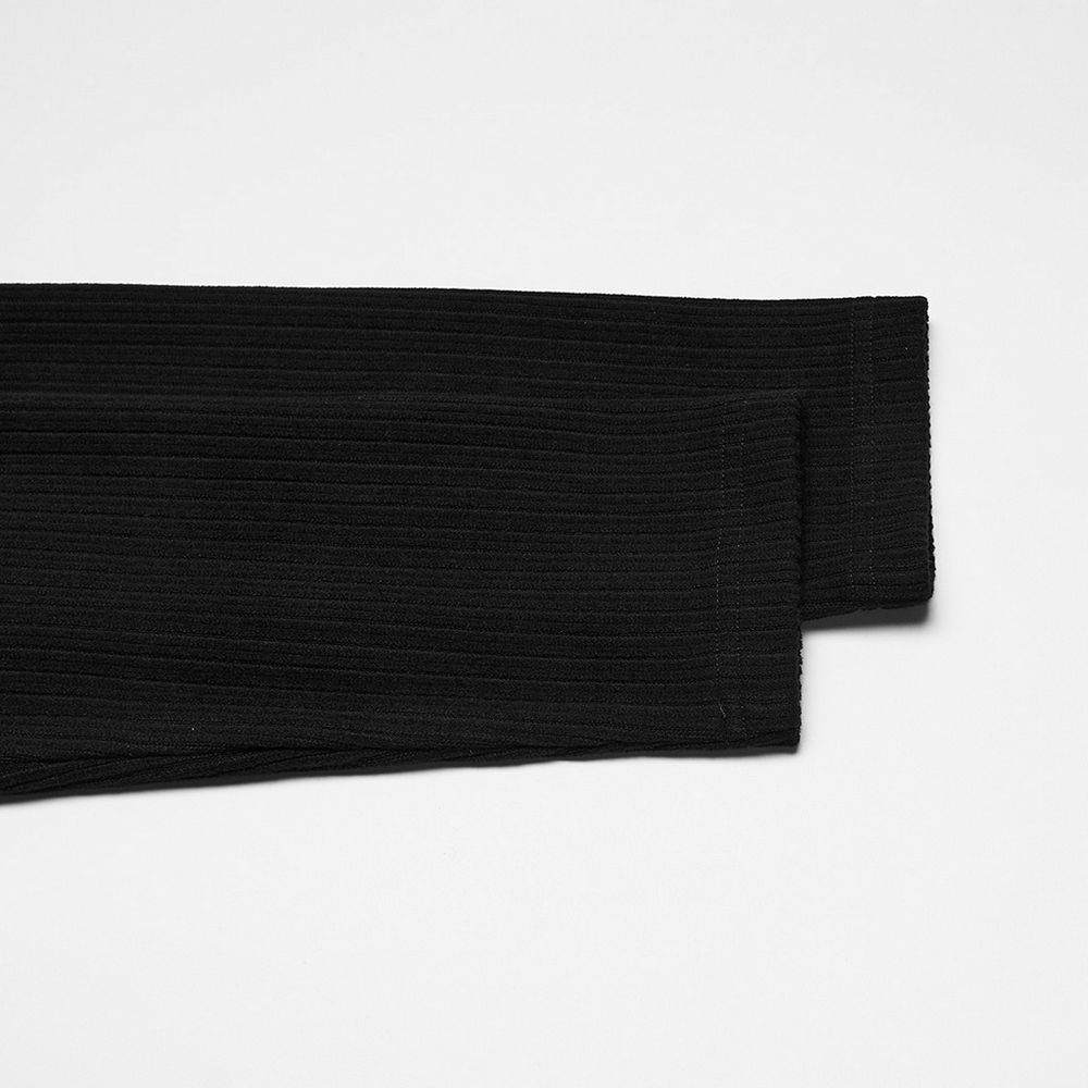 Gothic Top with Leather-Like Panels And Lacing Details featuring a textured black knit design.