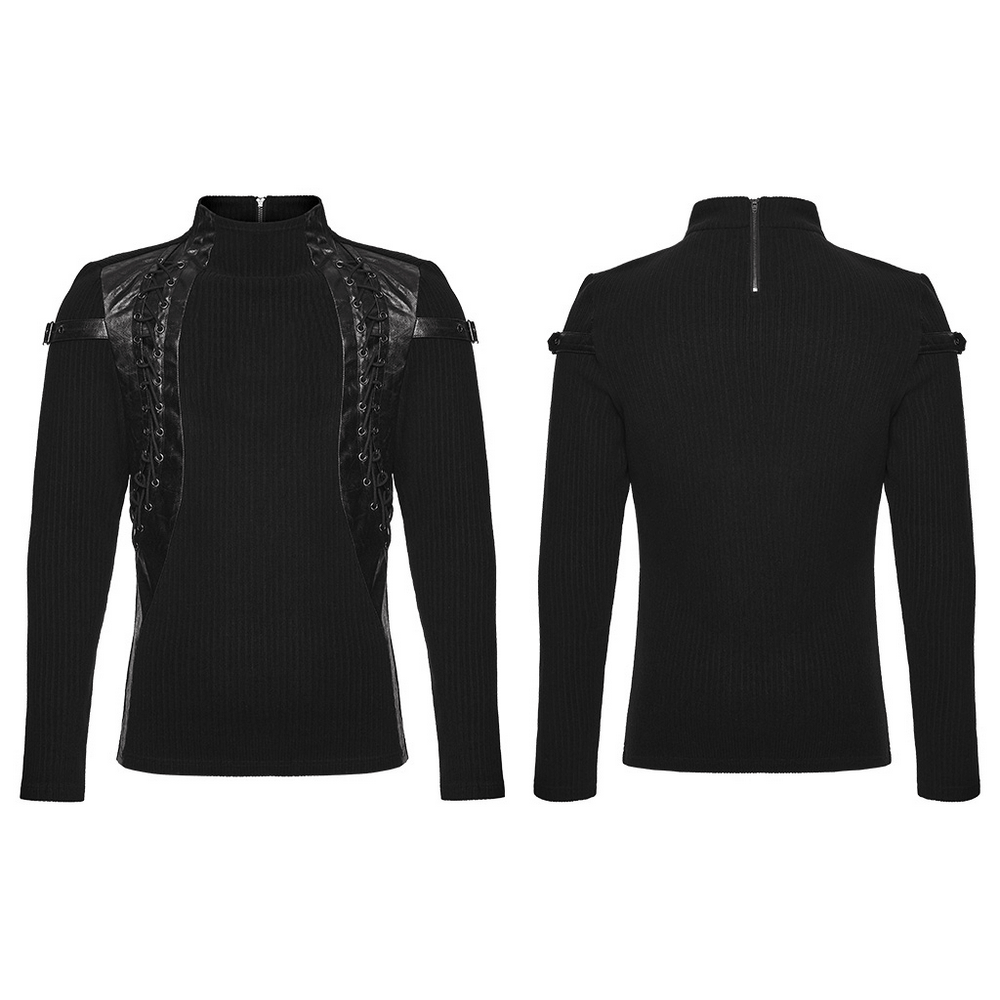 Gothic Top with Leather-Like Panels And Lacing Details featuring edgy twill accents and a back zipper.