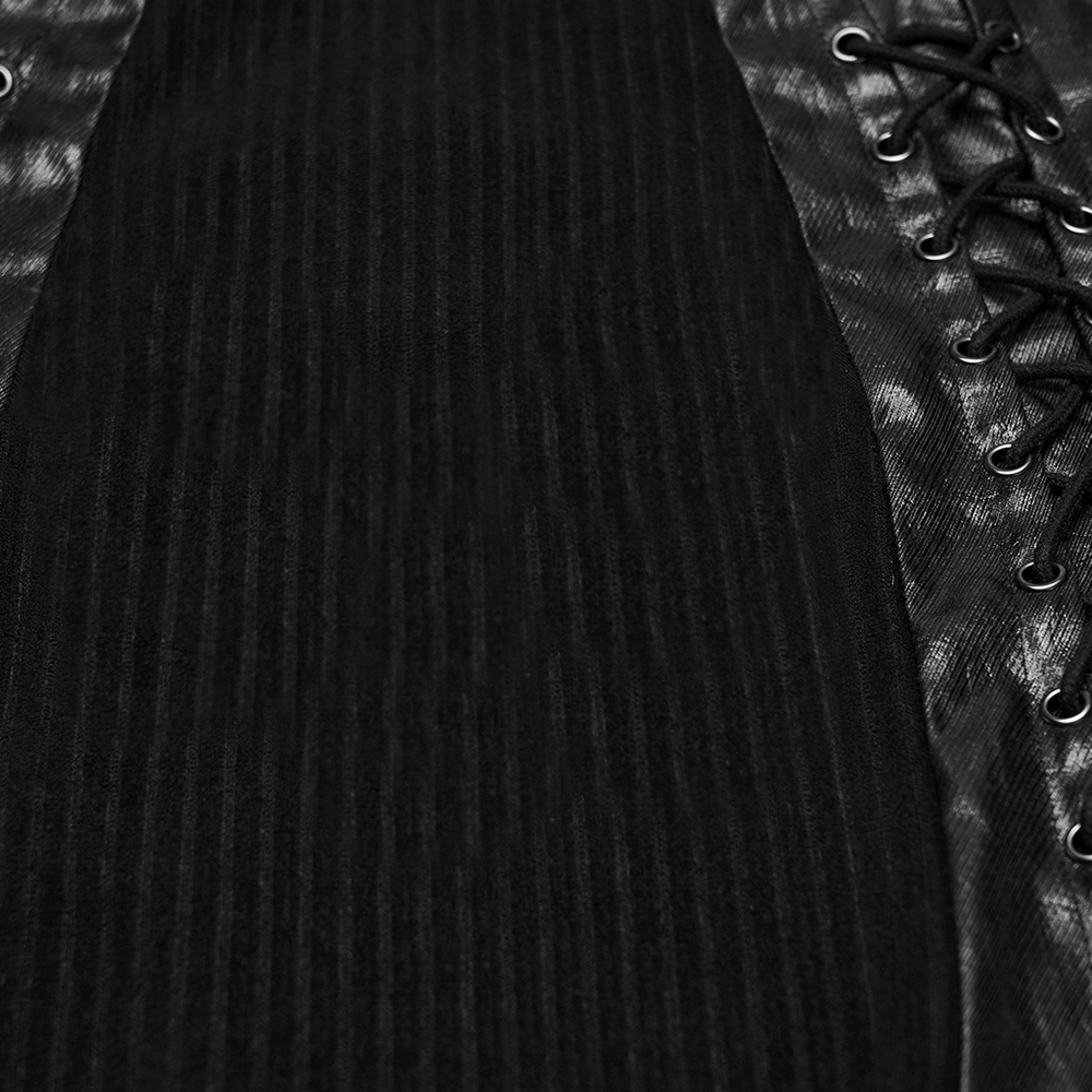 Gothic Top with Leather-Like Panels And Lacing Details close-up showcasing edgy twill and lace accents.