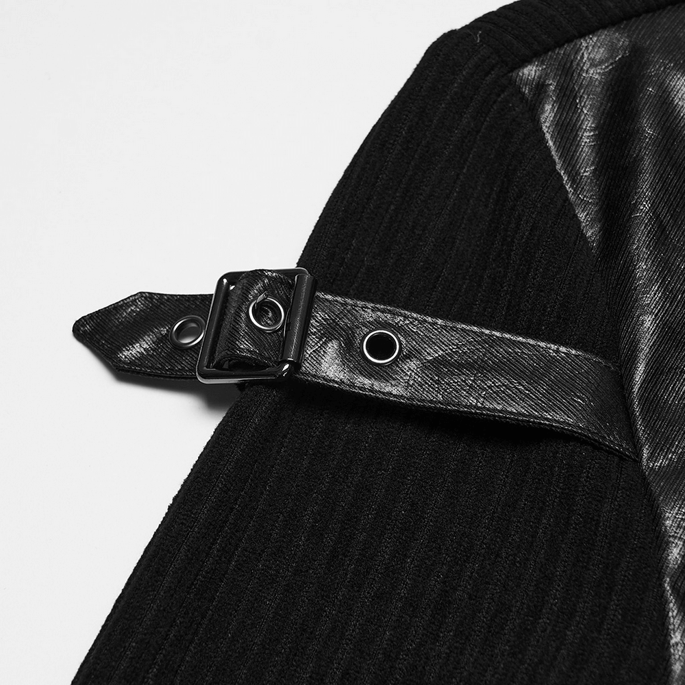 Gothic Top with Leather-Like Panels And Lacing Details close-up of strap and buckle detail.