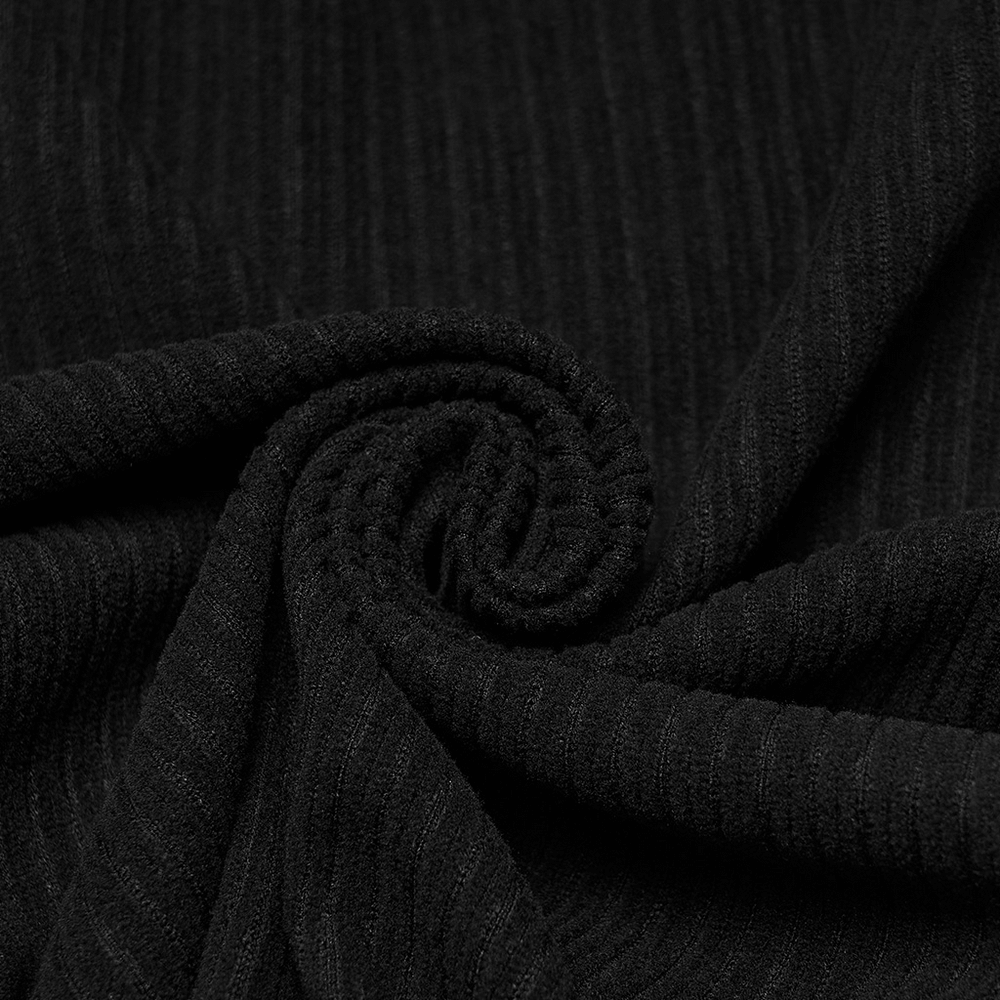 Close-up of black ribbed fabric showcasing texture for Gothic Top with Leather-Like Panels And Lacing Details.