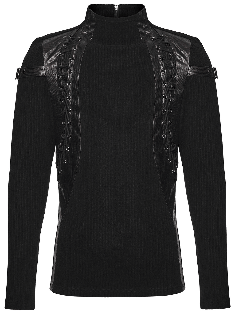 Gothic Top with Leather-Like Panels And Lacing Details showcasing edgy design and modern silhouette.