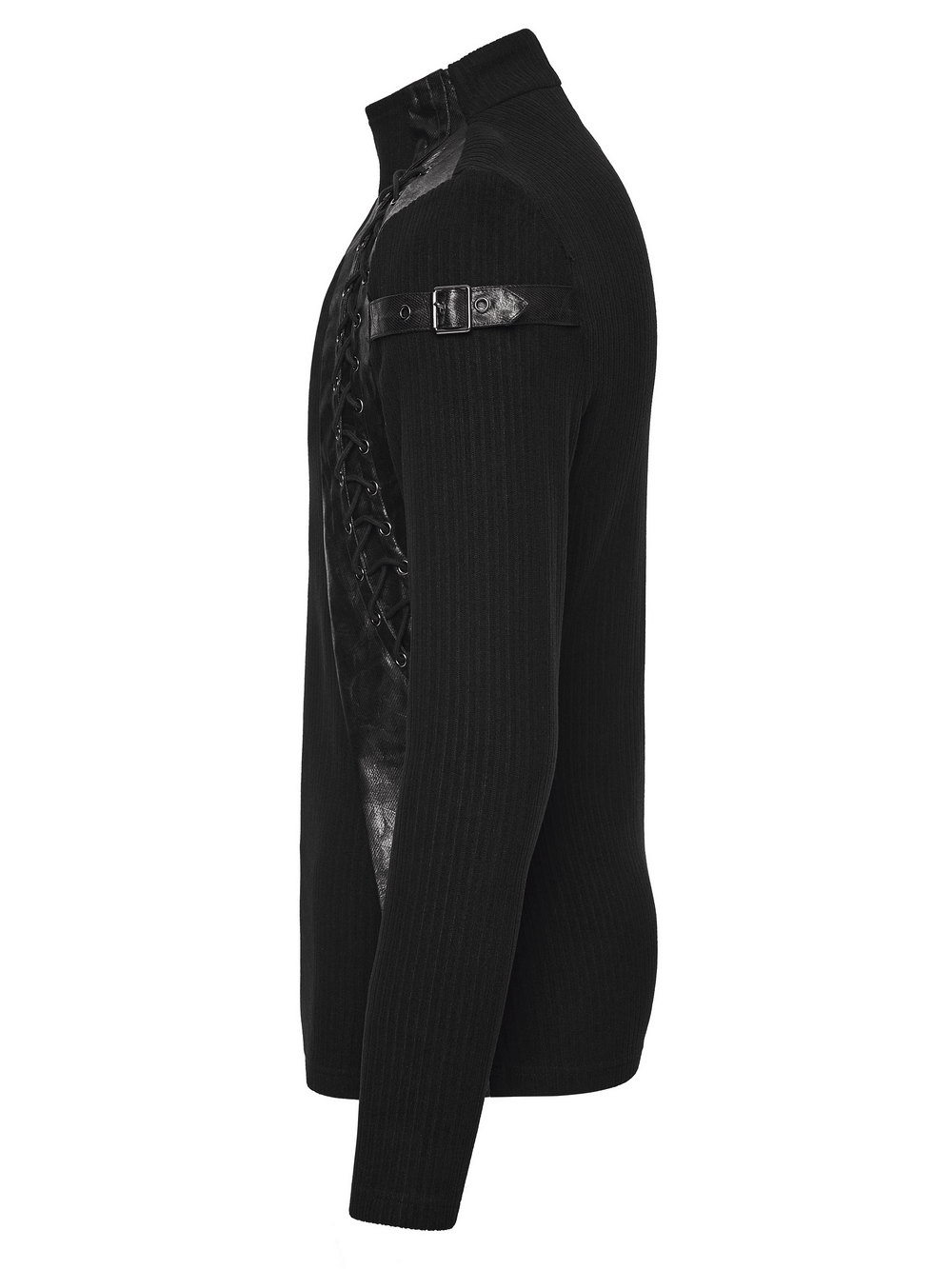 Gothic Top with Leather-Like Panels And Lacing Details, featuring edgy twill panels and structured knit design.
