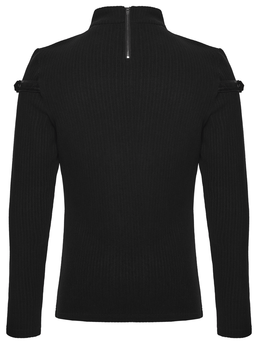 Gothic Top with Leather-Like Panels And Lacing Details, featuring ribbed texture and back zipper.