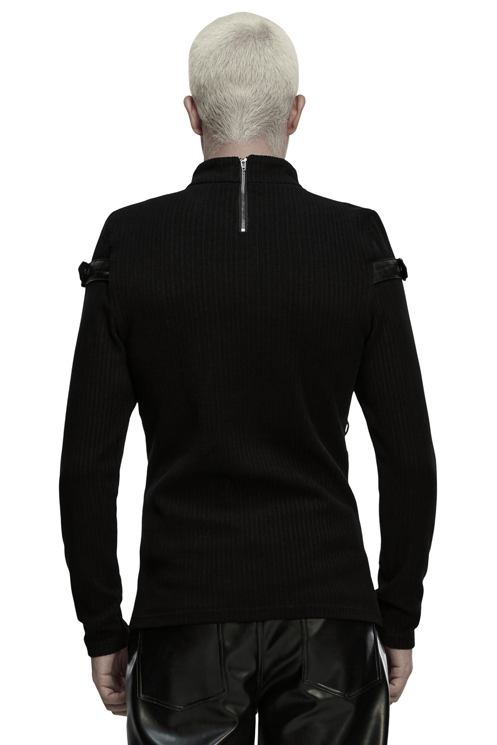 Gothic Top with Leather-Like Panels And Lacing Details, featuring back zipper and structured design.