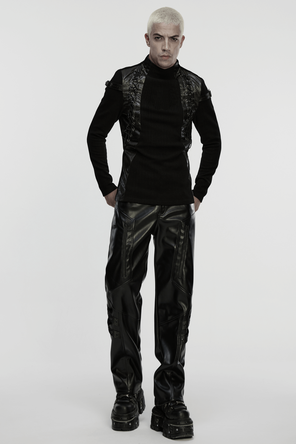 Gothic Top with Leather-Like Panels And Lacing Details worn by model, showcasing edgy punk fashion style.