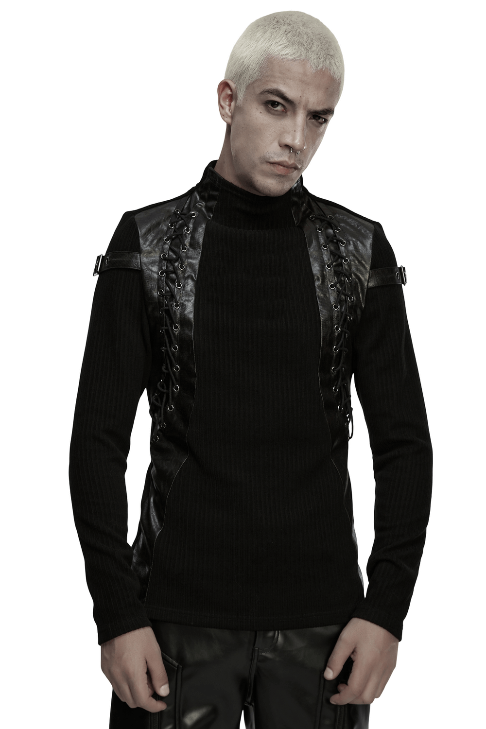 Gothic Top with Leather-Like Panels And Lacing Details featuring edgy design and structured silhouette.