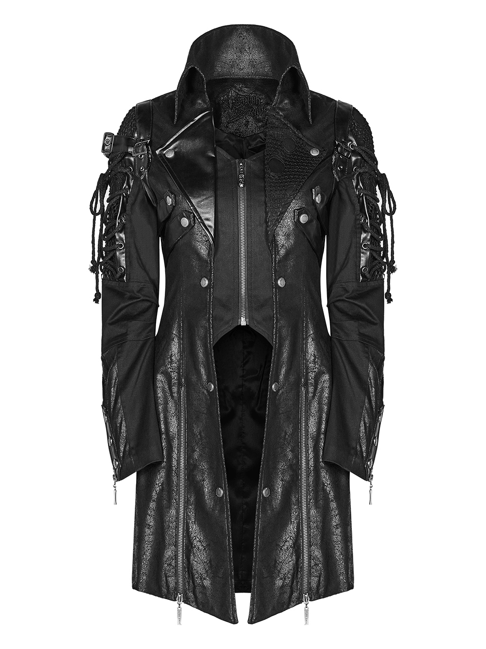 Men's Gothic trench coat with lacing and zip detail, featuring long sleeves and a high collar, in black leather.