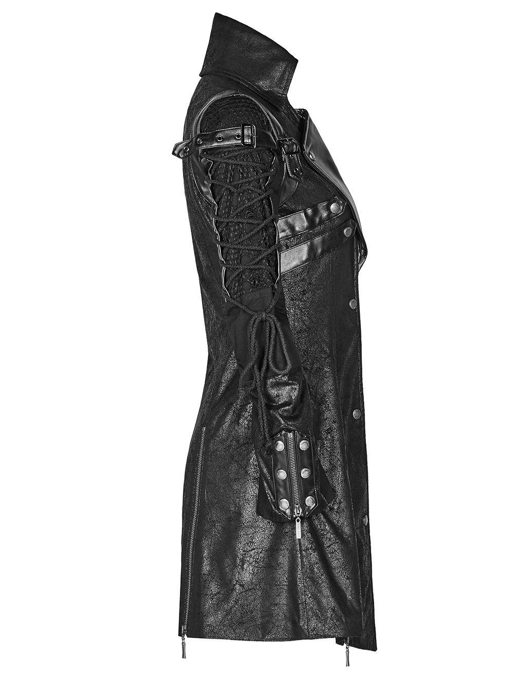 Men's Gothic trench coat featuring lacing and zip details, crafted from durable black leather for an edgy look.