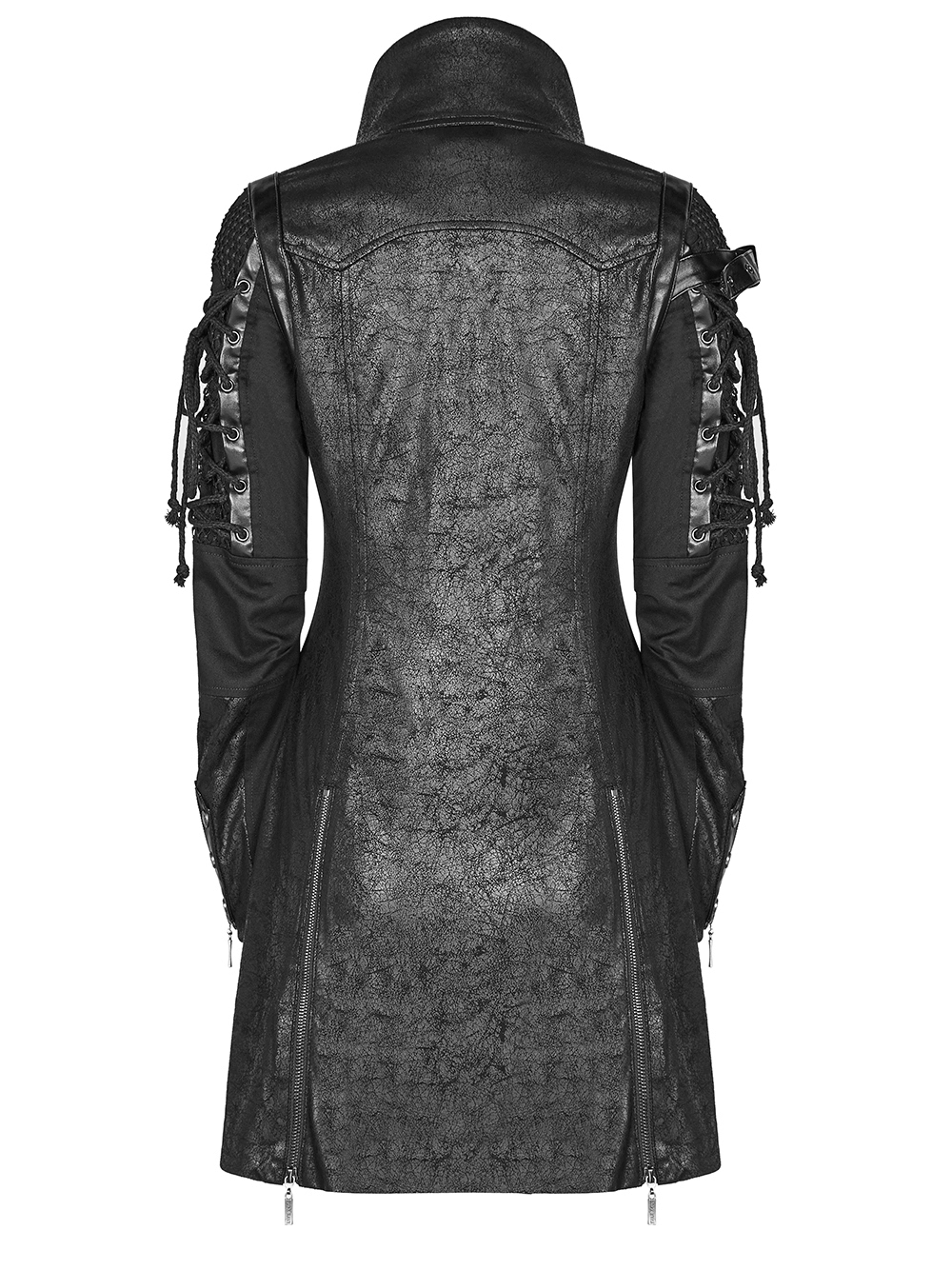 Men's Gothic trench coat with lacing and zip detail, showcasing a sleek black leather design and stylish long sleeves.