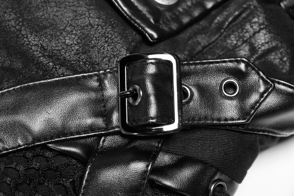 Close-up of metal buckle and detailing on a black leather Gothic trench coat for men.