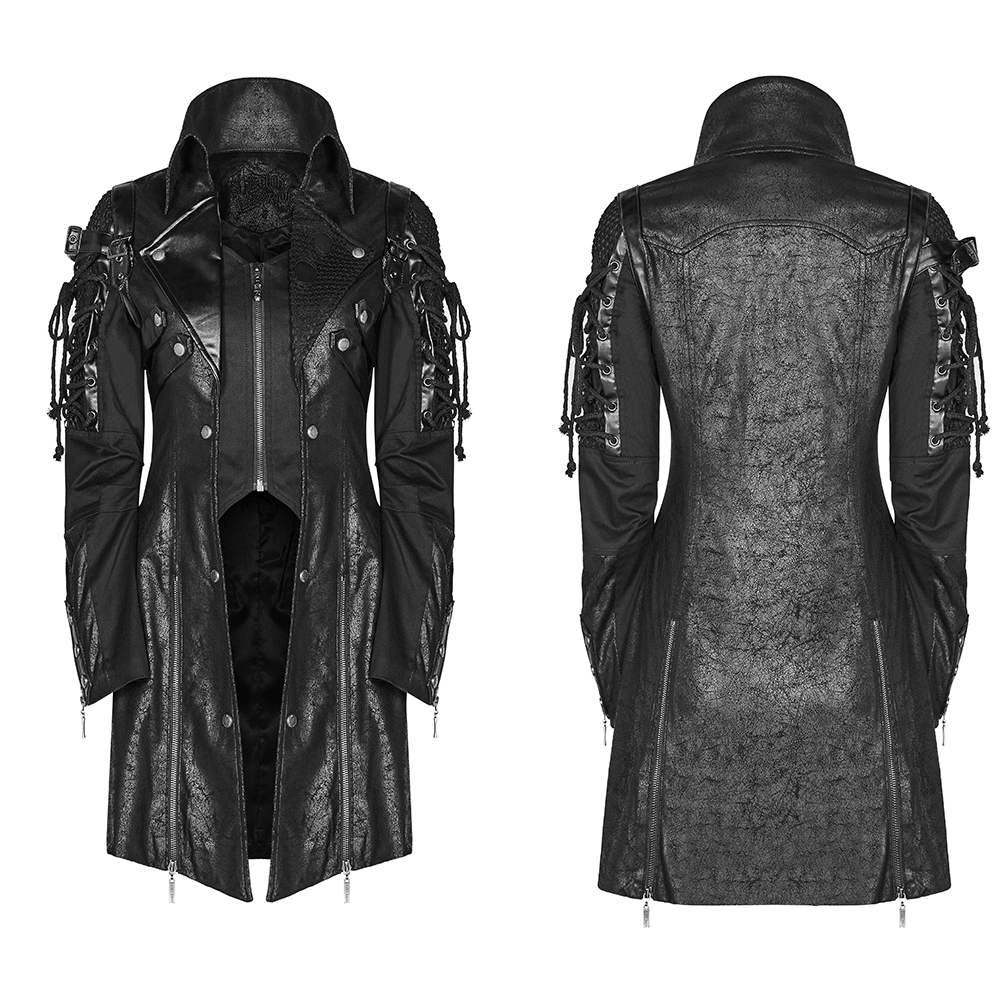 Stylish Gothic trench coat for men with lacing and zip details, showcasing a sleek black leather design.