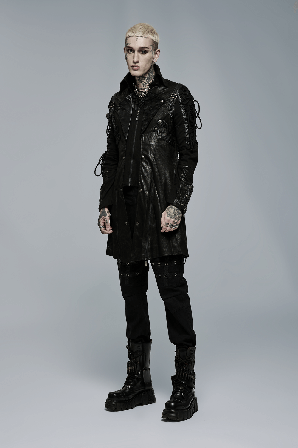 Gothic Trench Coat with Lacing and Zip Detail for Men - HARD'N'HEAVY