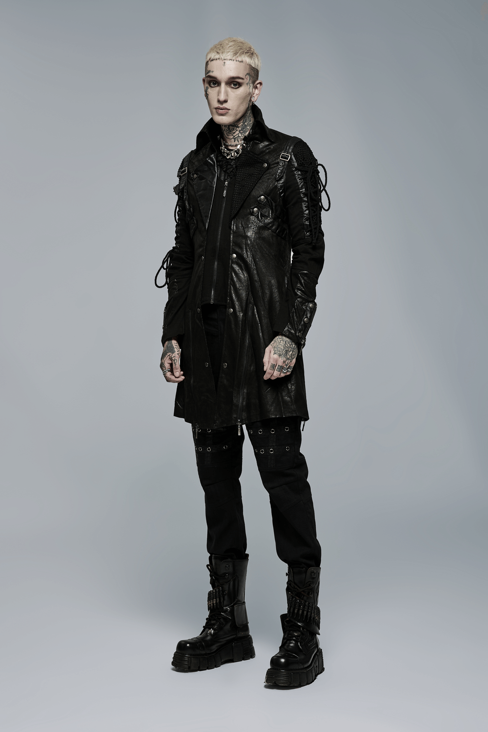 Edgy Gothic trench coat with lacing, zip details, and long sleeves for men in bold black leather.