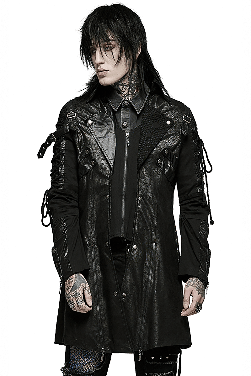 Gothic trench coat for men featuring lacing, zip details, and edgy black leather design.
