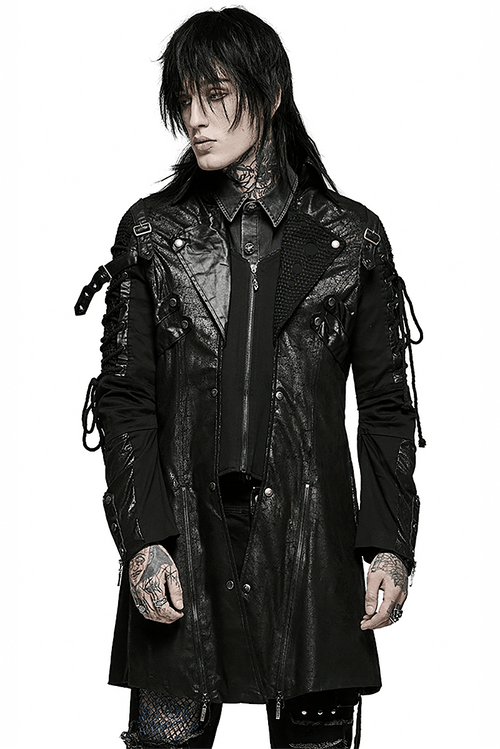 Gothic-Trenchcoat mit Schnürung und Reißverschluss-Detail für Herren