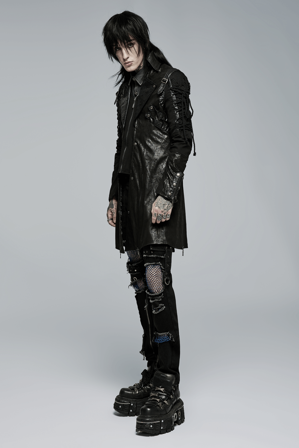 Gothic trench coat for men featuring lacing and zip details, perfect for punk fashion and edgy style.