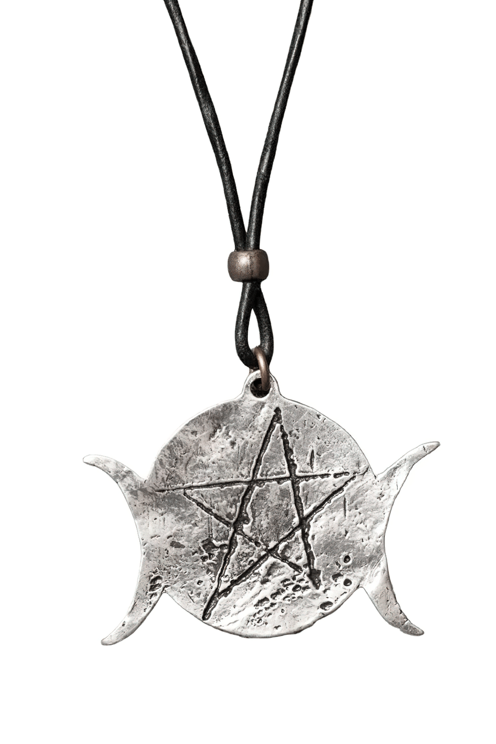 Gothic Triple Moon Pentagram Wiccan Amulet Necklace with pewter talisman on black cord, symbolizes Maiden, Mother, Crone.