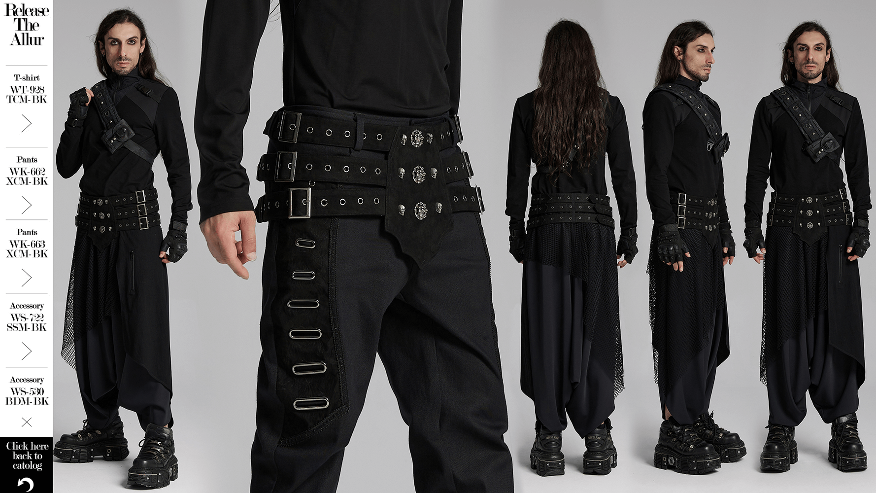 Stylish model showcasing a gothic punk outfit with a triple-row adjustable belt and unique accessories.