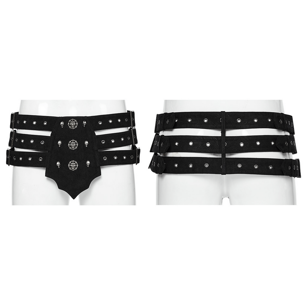 Gothic triple-row adjustable punk belt with skull studs displayed front and back on a mannequin.