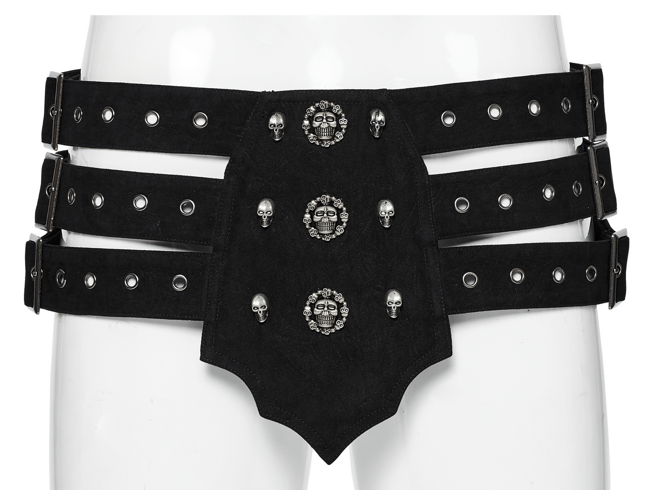 Gothic adjustable punk belt with skull studs on a mannequin, featuring a bold distressed design and triple-row style.