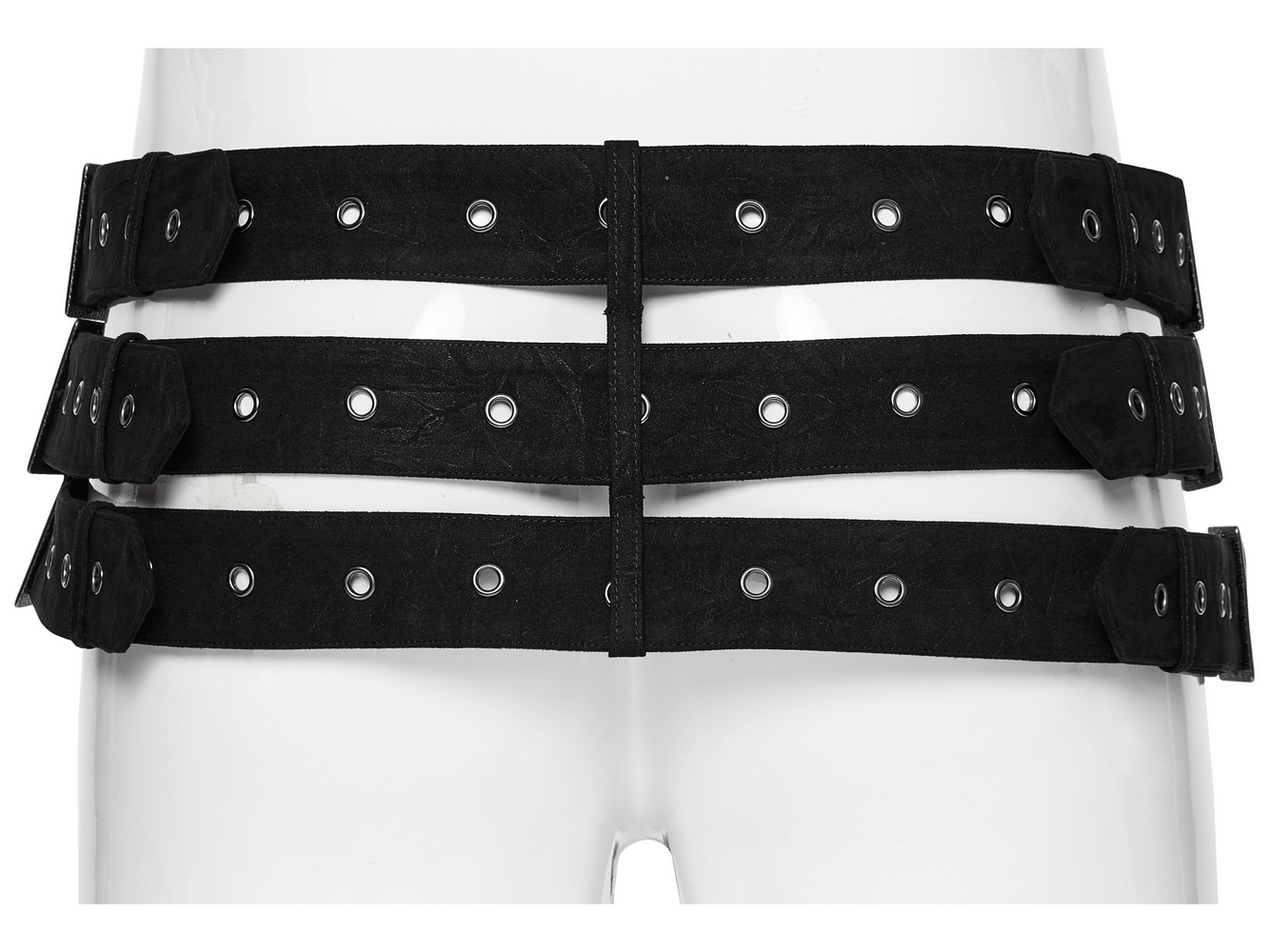 Gothic triple-row adjustable punk belt featuring black distressed fabric and metal studs for a bold, edgy look.