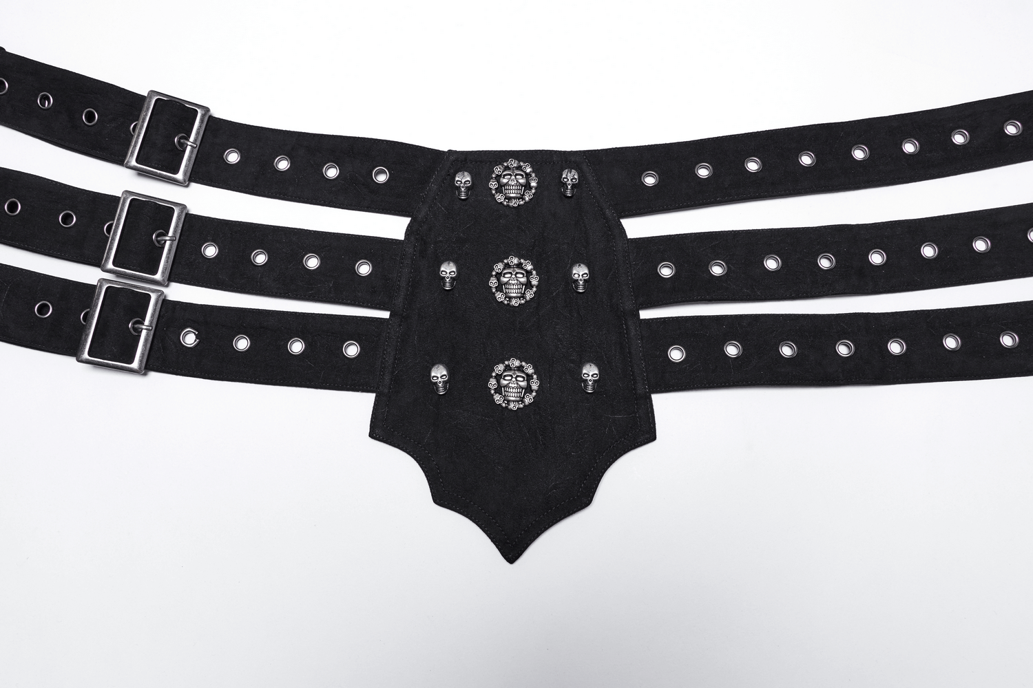 Gothic triple-row adjustable punk belt with skull studs and distressed fabric, perfect for alternative fashion styles.