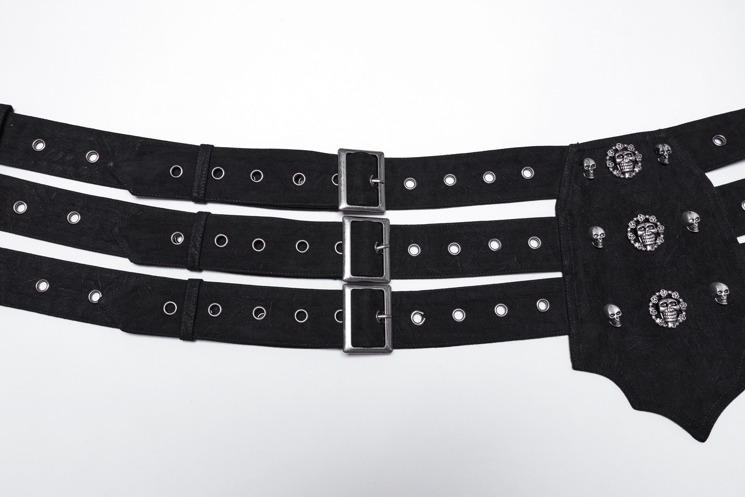 Gothic triple-row adjustable punk belt with skull studs and distressed fabric design. Perfect for alternative fashion!