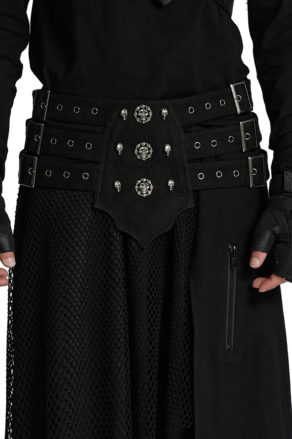 Gothic triple-row adjustable punk belt with skull studs, adding a bold edge to alternative fashion styles.