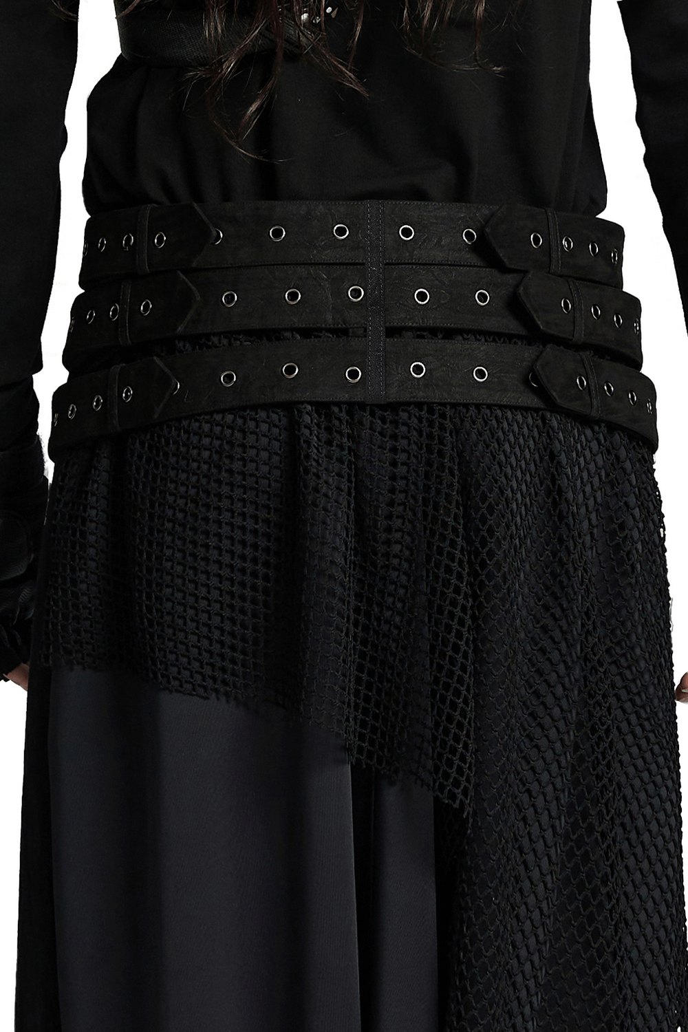 Gothic triple-row adjustable punk belt with skull studs, showcasing distressed fabric and a bold, edgy design.