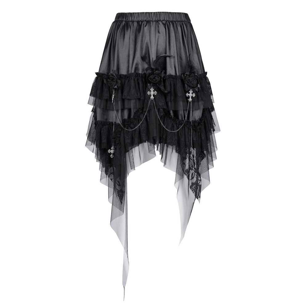 Gothic tulle skirt with lace details and chains, perfect for daring alternative fashion enthusiasts.