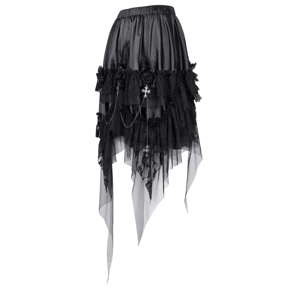 Layered black Gothic tulle skirt with lace details and chains, perfect for striking alternative fashion looks.