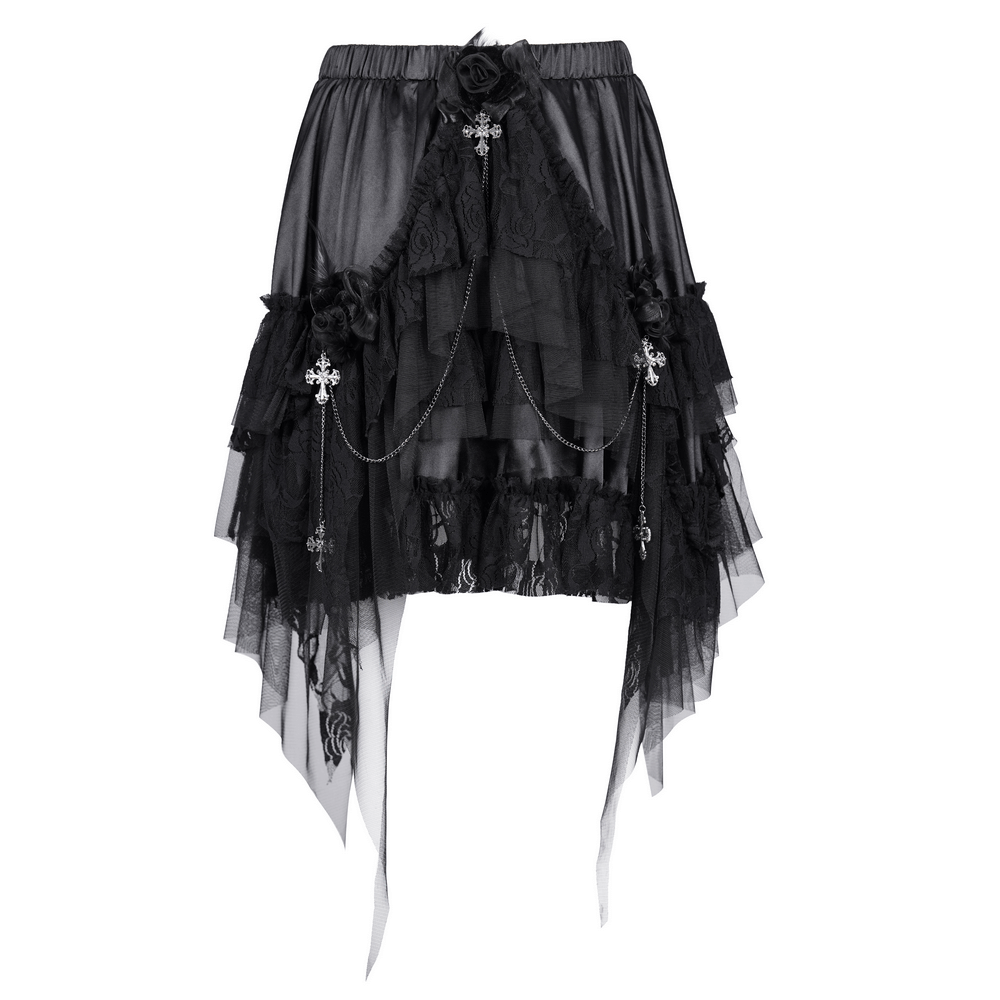 Gothic tulle skirt with lace details and chains, layered black design for alternative fashion.