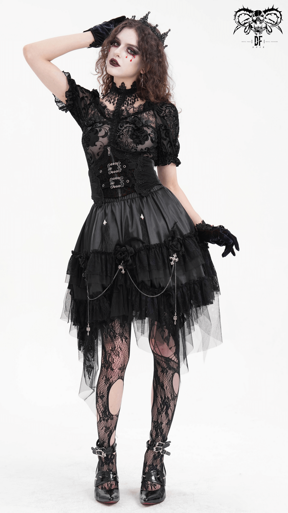 Gothic tulle skirt with lace details, layered design, and chains for a stunning alternative fashion statement.