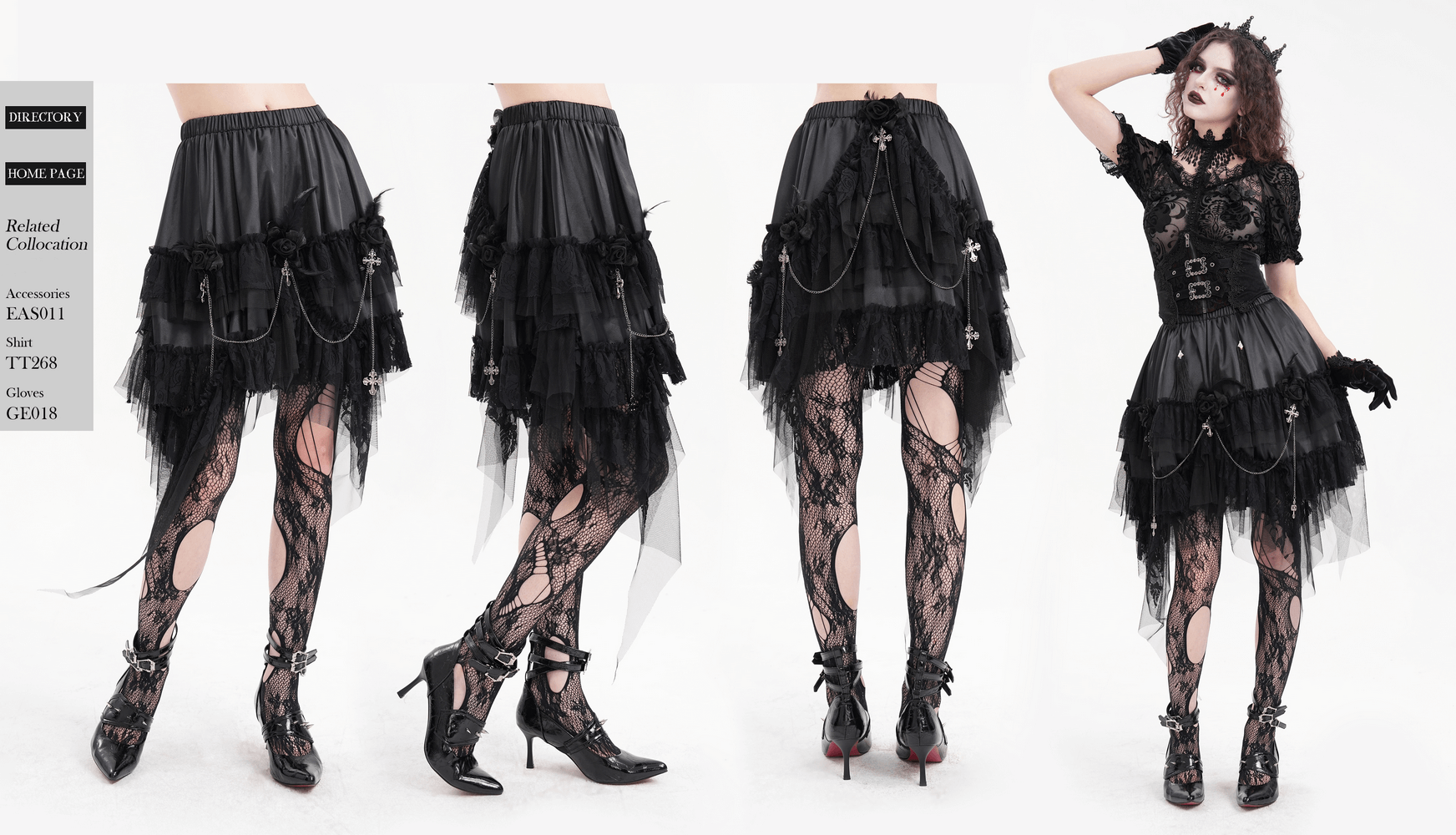 Gothic tulle skirt with lace details and chains, styled for alternative fashion, layered black design with edgy accents.