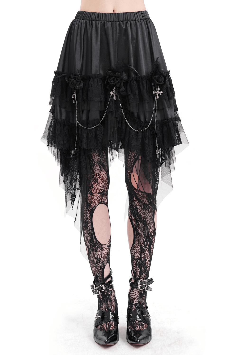 Gothic tulle skirt with lace details and chains, layered design for alternative fashion, perfect for edgy style.