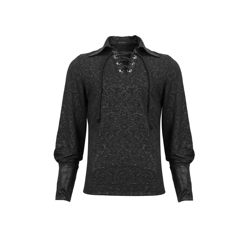 Gothic black long sleeve shirt with lace-up collar and vintage jacquard pattern for a stylish look.