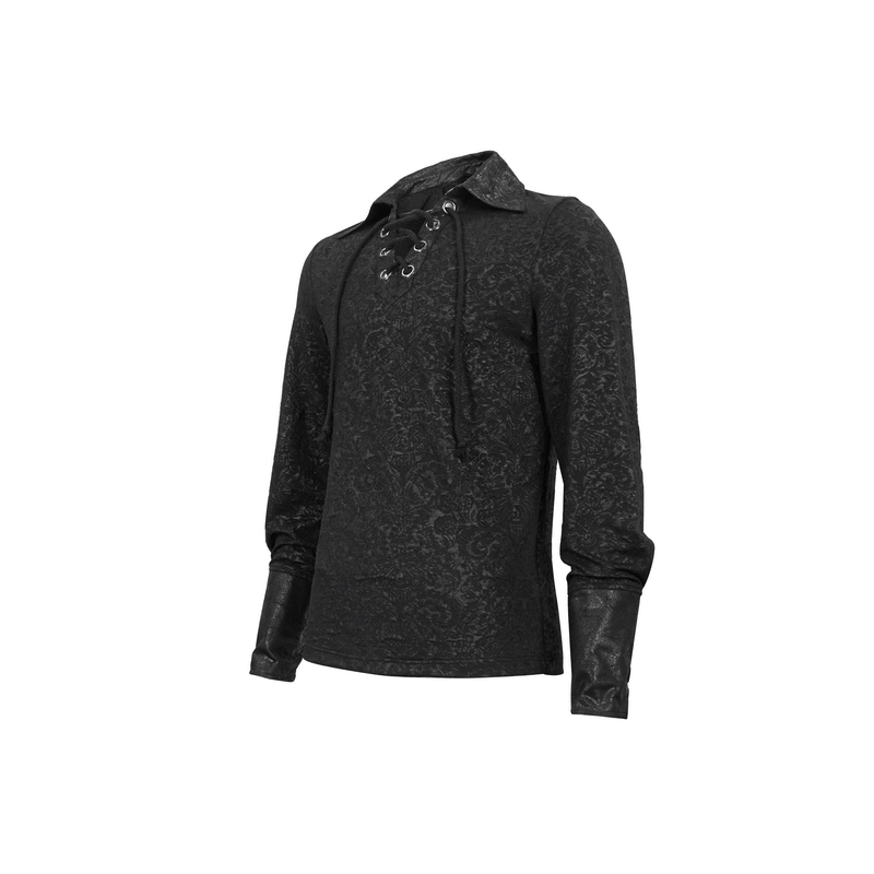 Gothic black strappy shirt with lace-up detail and long sleeves, featuring a vintage jacquard pattern.