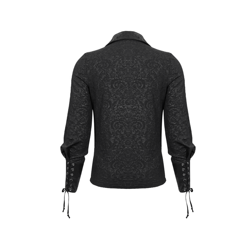 Back view of a men's black gothic shirt with lace-up sleeves and turn-down collar, showcasing vintage jacquard fabric.