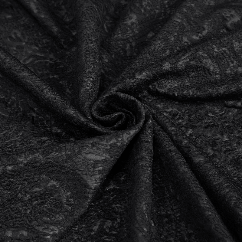 Black jacquard fabric with intricate vintage pattern, perfect for gothic style clothing.