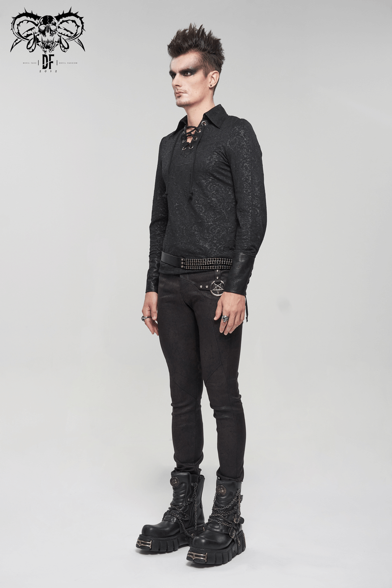 Gothic style men wearing a black lace-up collar shirt with vintage design, paired with strappy pants and stylish boots.